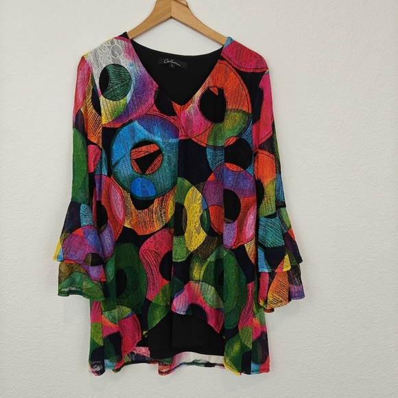 Calessa Top Black Multi Color Pullover V-Neck Tiered 3/4 Sleeve Stretch Sz LG - Picture 1 of 15